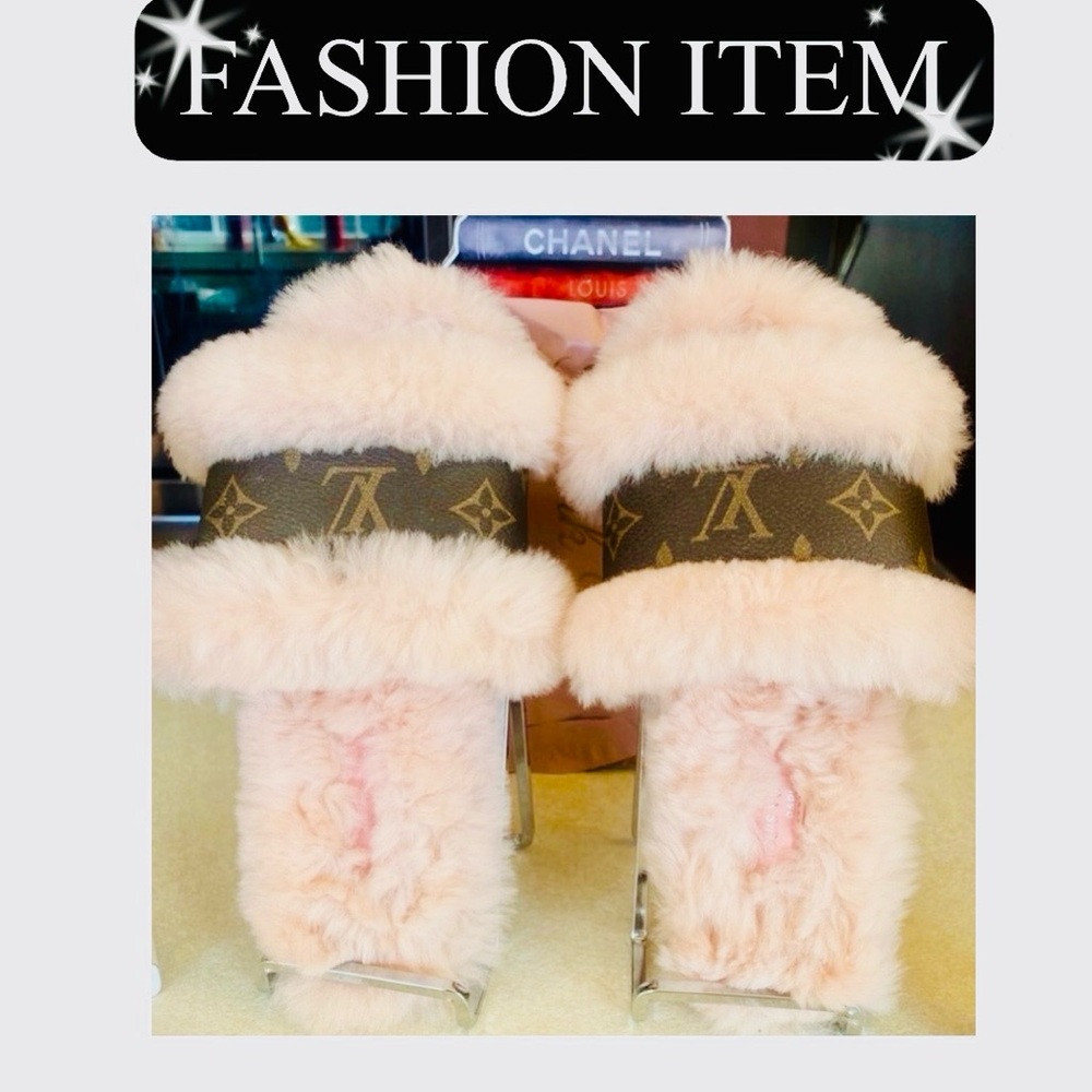 FLIP FLOOPS/SLIPPERS: Pink & Brown w/Faux Fur, EUC